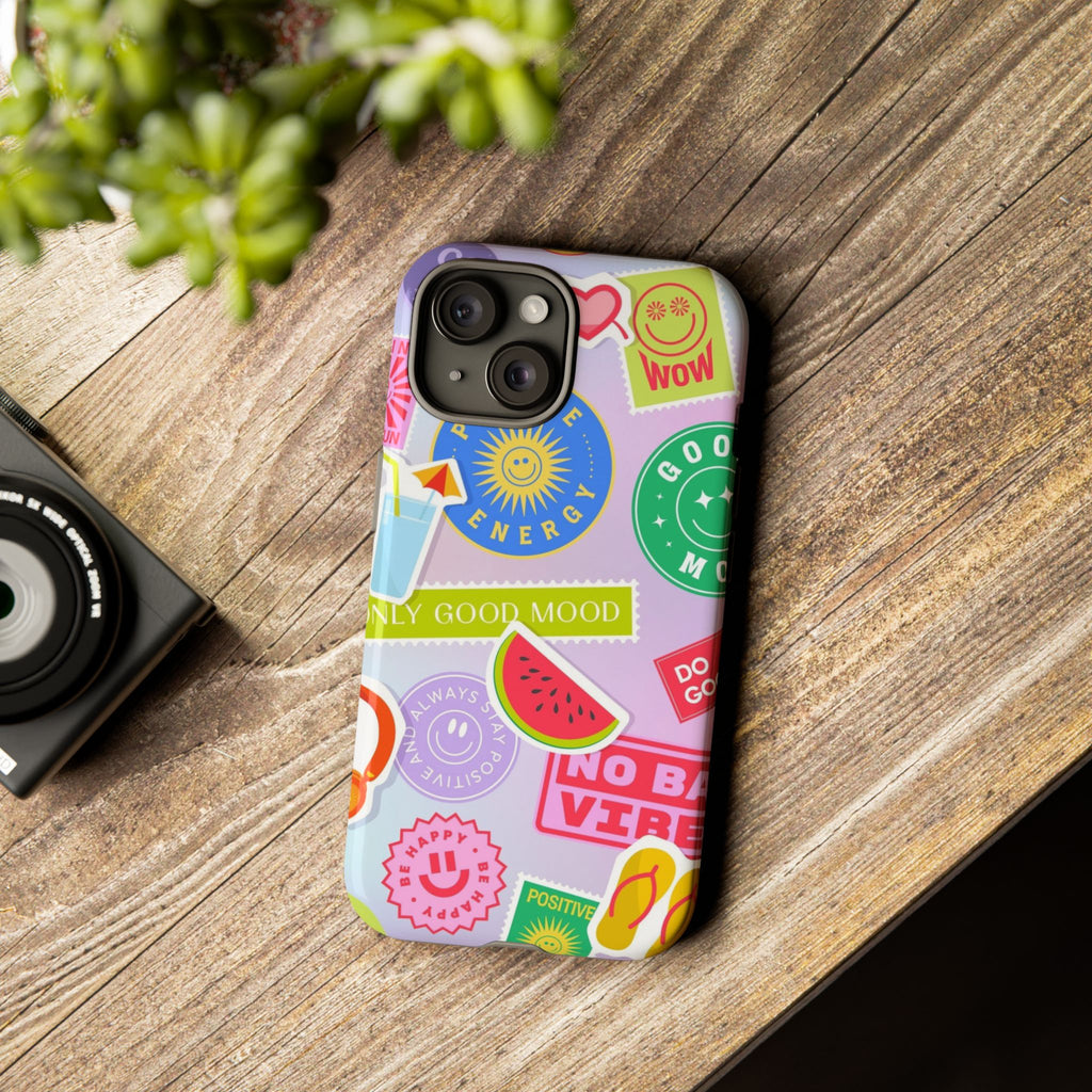 Good Vibes Only — Colorful Sticker Collage "No Bad Vibes" iPhone Case