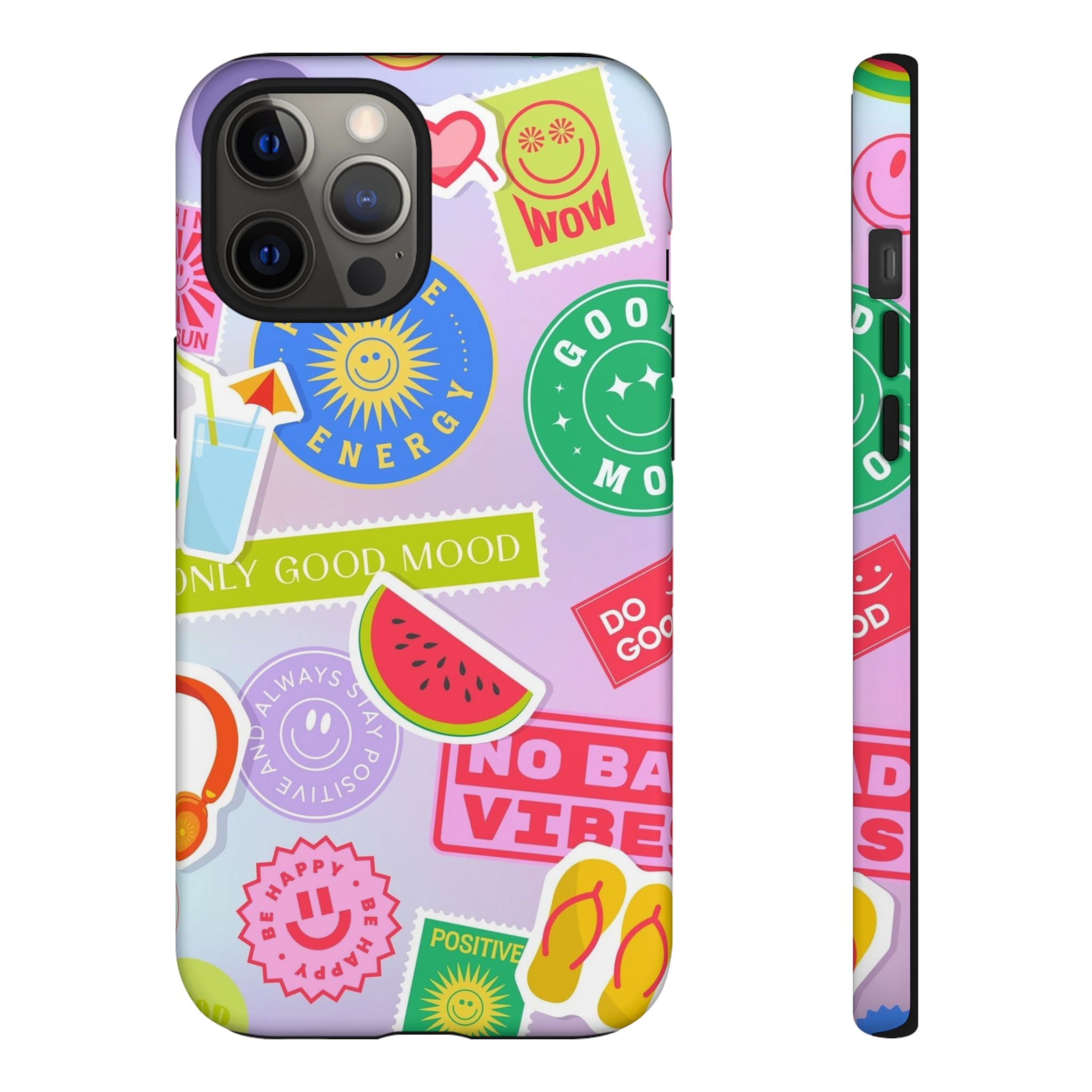 Good Vibes Only — Colorful Sticker Collage "No Bad Vibes" iPhone Case