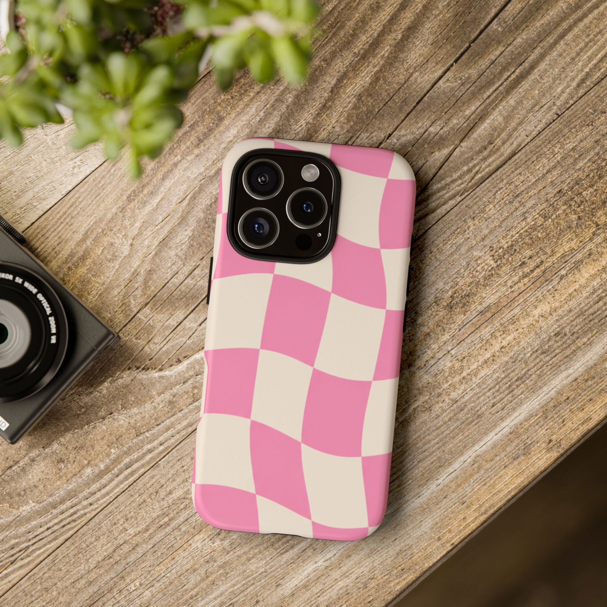 Pink Wavy Checkered Tough Phone Case — Retro Distorted Checkerboard Design