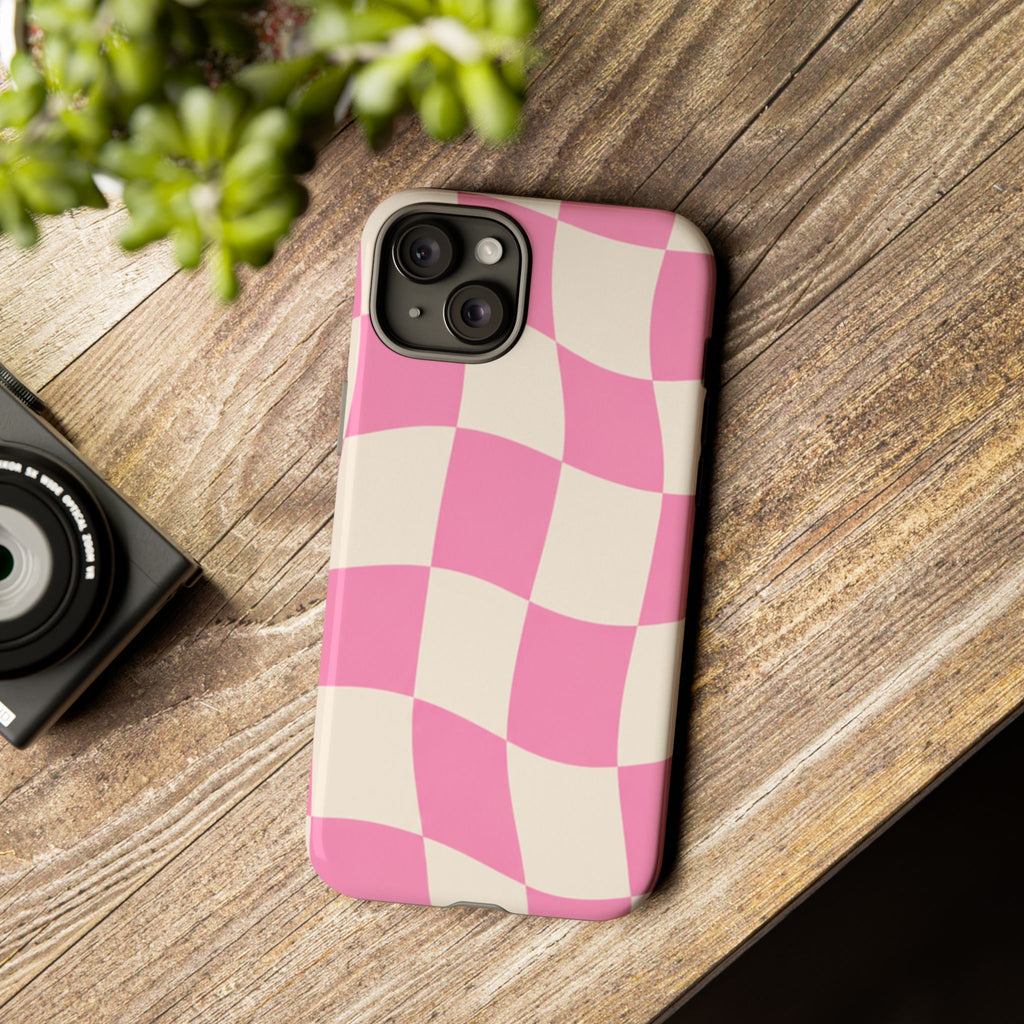 Pink Wavy Checkered Tough Phone Case — Retro Distorted Checkerboard Design