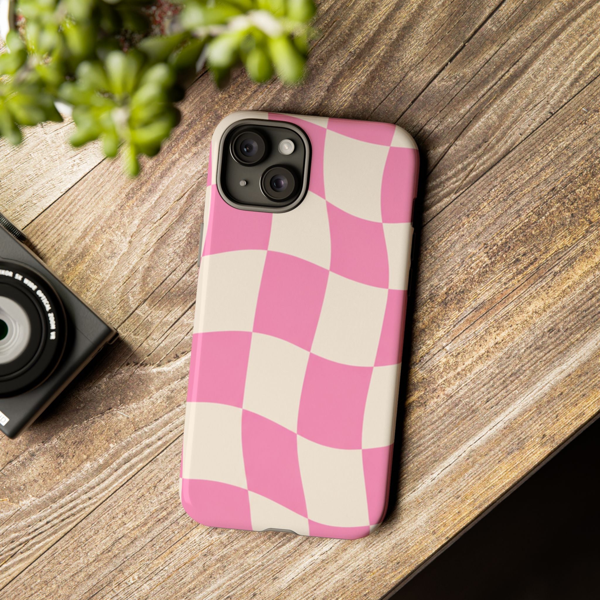 Pink Wavy Checkered Tough Phone Case — Retro Distorted Checkerboard Design