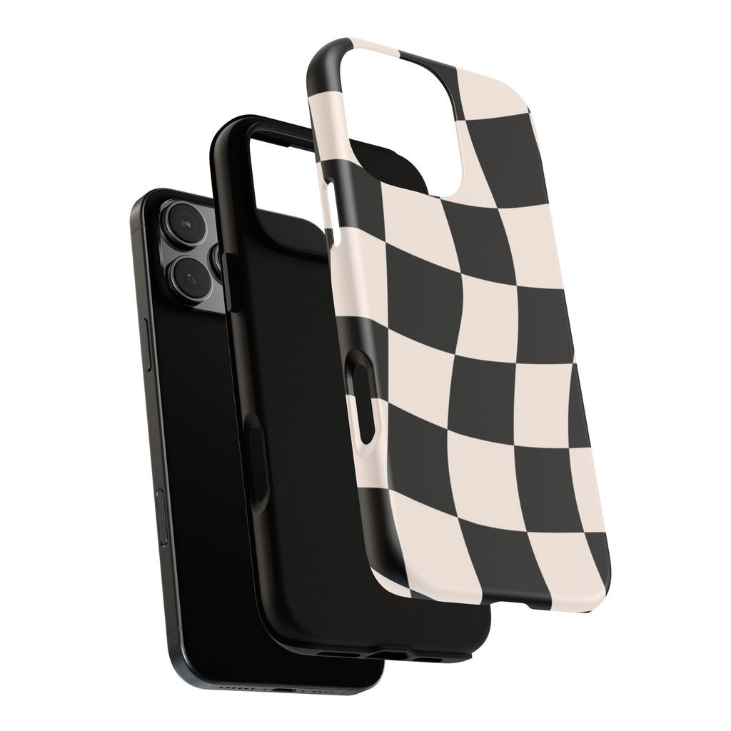 Black & White Wavy Checkered Phone Case — Black & Cream Retro Racing Pattern Tough Case