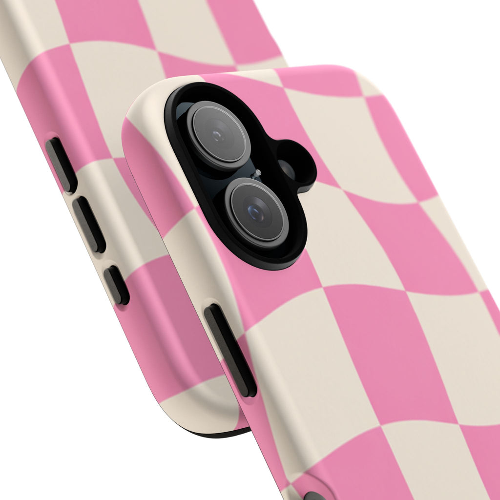 Pink Wavy Checkered Tough Phone Case — Retro Distorted Checkerboard Design