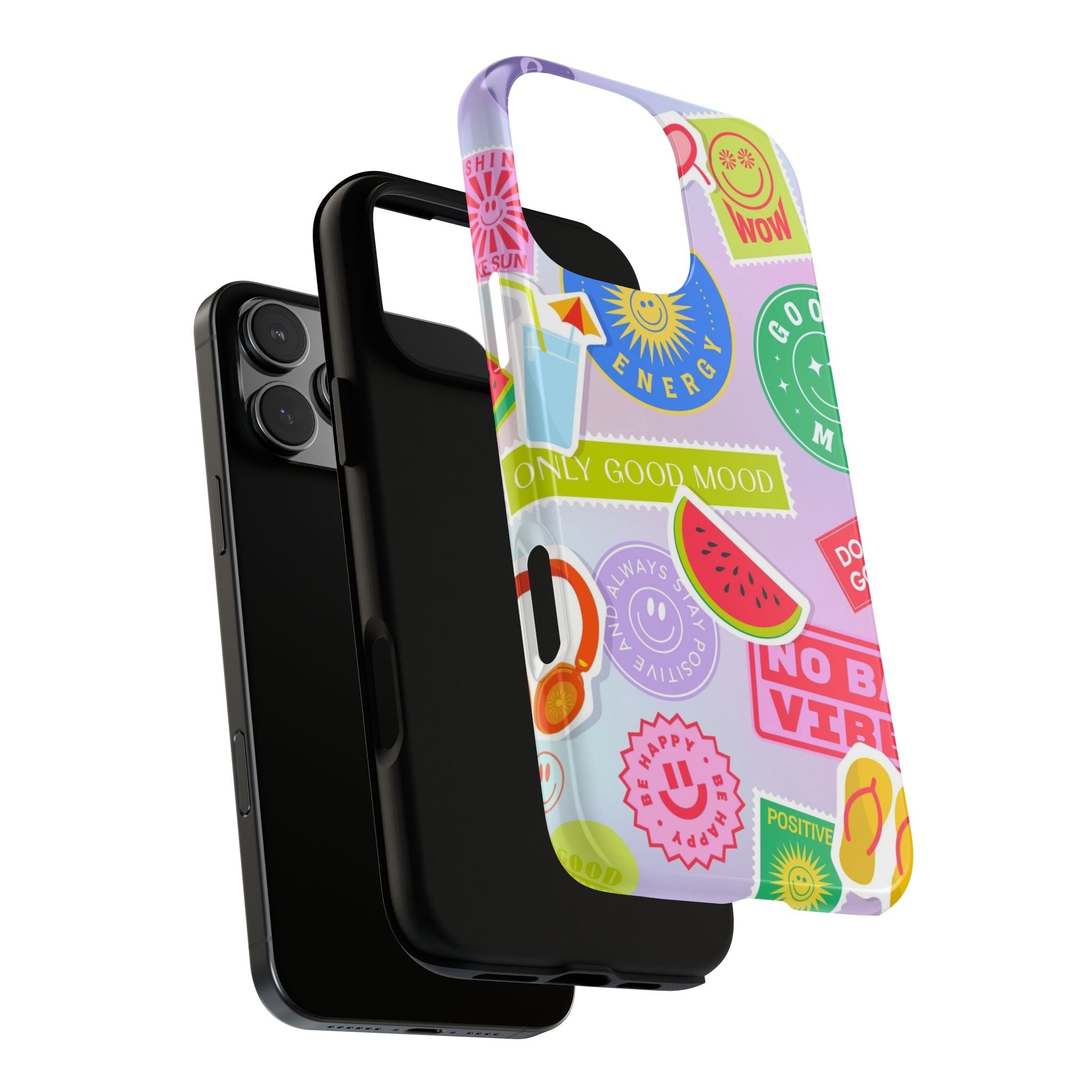 Good Vibes Only — Colorful Sticker Collage "No Bad Vibes" iPhone Case