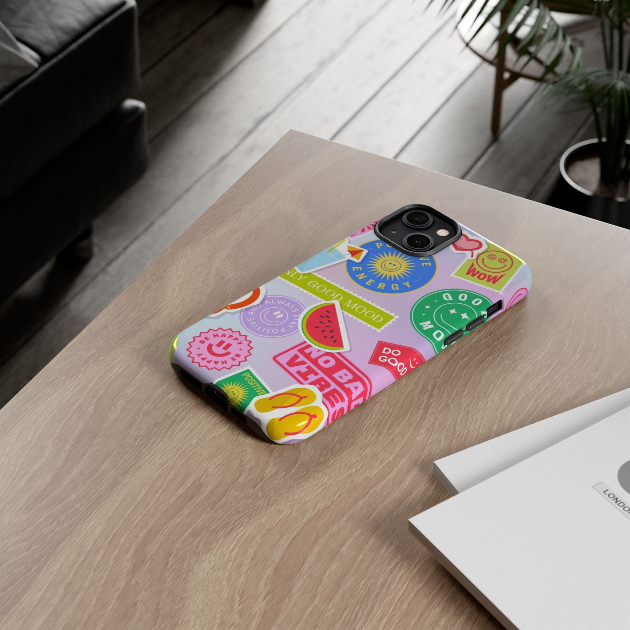 Good Vibes Only — Colorful Sticker Collage "No Bad Vibes" iPhone Case