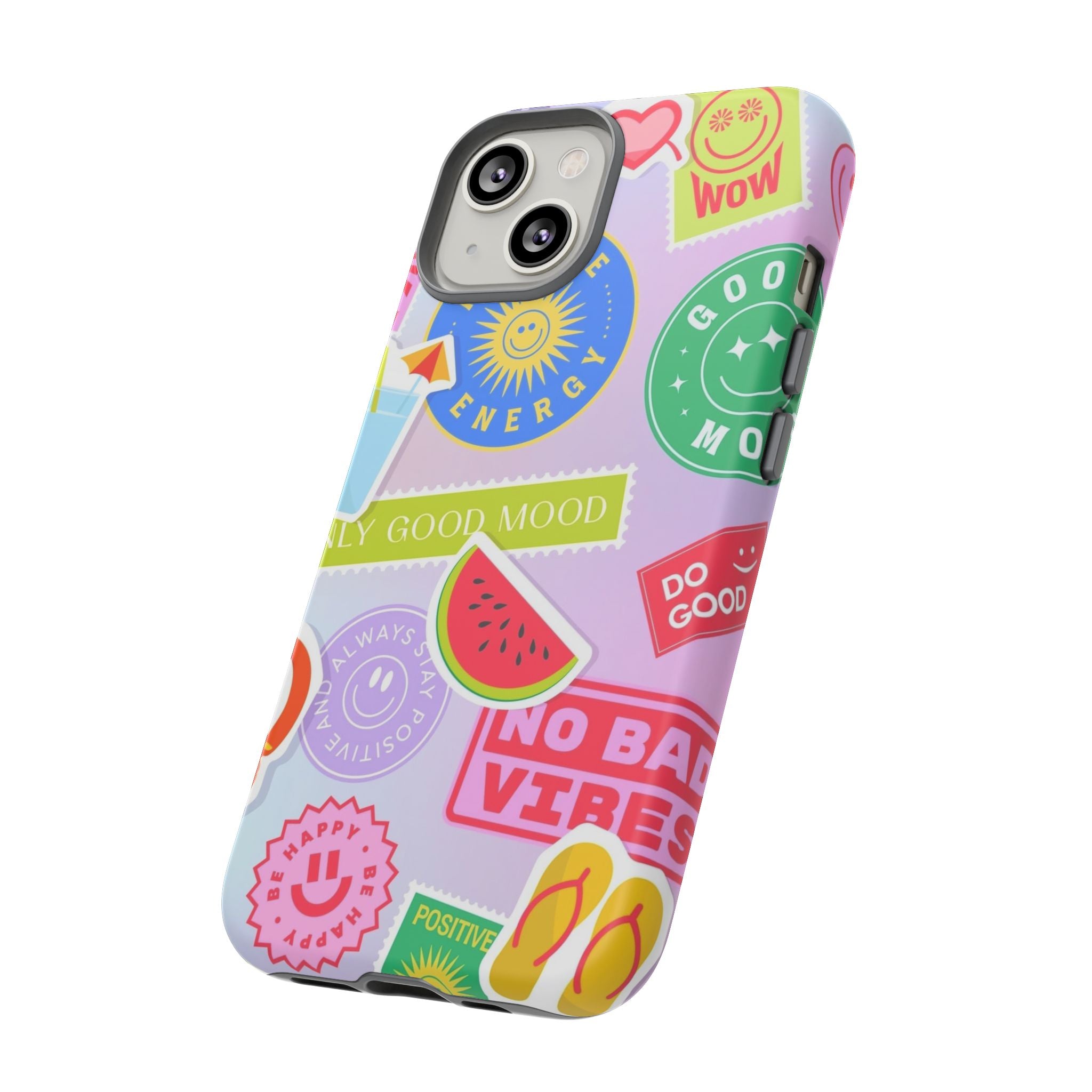 Good Vibes Only — Colorful Sticker Collage "No Bad Vibes" iPhone Case